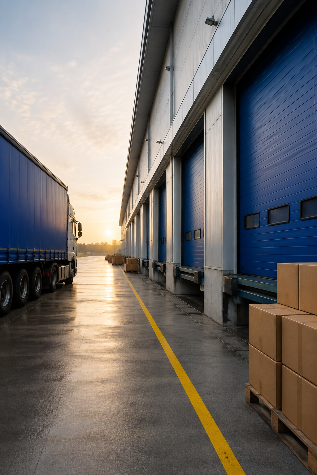 A clean shipping dock with a blue trailer and freight boxes