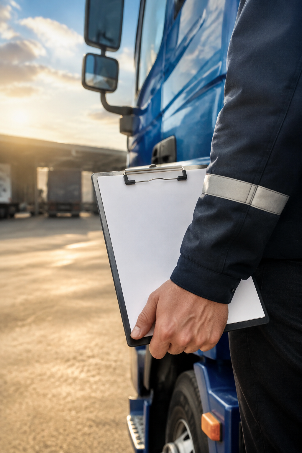 A route clipboard held beside a blue truck cab