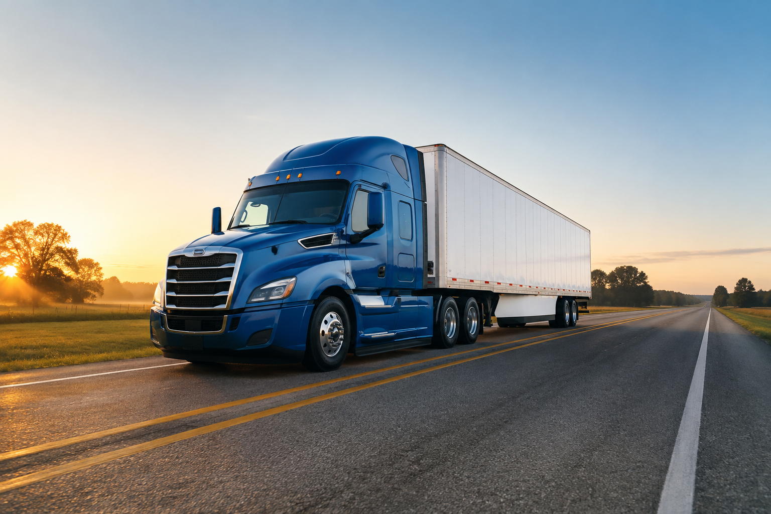 A blue semi-truck with white trailer on a Georgia highway at sunrise